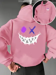 Men's Casual Hooded Sweatshirt with Smiley Face Print, Kangaroo Pocket Drawstring, Long Sleeve Pullover for Fall & Winter