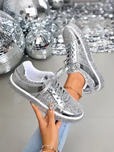 Rose Gold Sequin Low Top Sneakers for Women, Metal PU Patchwork, Anti-Slip Durable, Casual Party Shoes, All Seasons