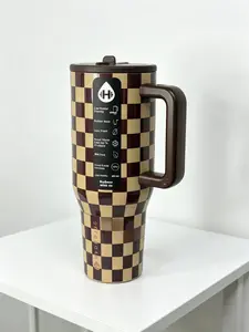 HydroJug 40oz Insulated Checkered Tumbler with Handle – Purple & Beige Checkerboard Stainless Steel Water Bottle Drinkware Flasks Mug Bottled Portable Lid Sturdy Wide Mouth