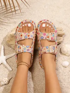 New Casual Adjustable Slippers, Thick Sole Anti-Slip Beach Shoes, Indoor Home Footwear, Floral Print Fresh Style, Holiday Sandals
