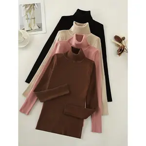 Solid Turtle Rib Knit Top 4 Pack, Casual Long Sleeve New Year physical exercise Slim Versatile Sweater, Women's Clothing Knitwear Womenswear