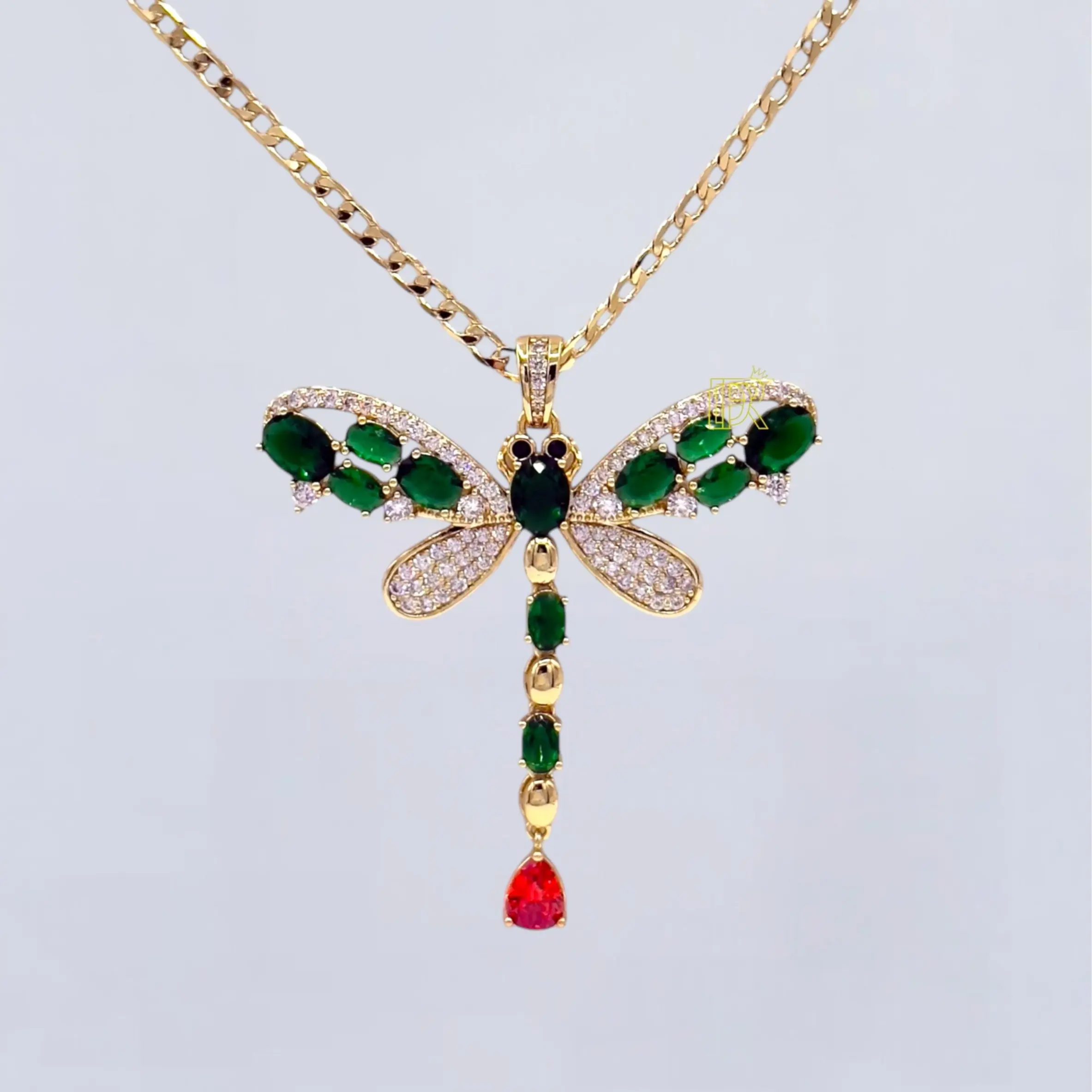 Didiray 14k Gold Plated Cuban Link Chain with  Dragonfly Pendant 18 Inch Unisex Daily Wear Necklace with Rhinestone Design