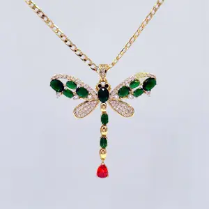 Didiray 14k Gold Plated Cuban Link Chain with  Dragonfly Pendant 18 Inch Unisex Daily Wear Necklace with Rhinestone Design