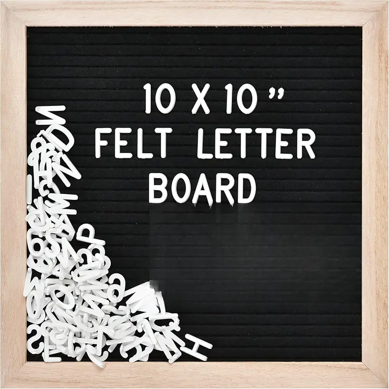 Felt Letter Board with 294 Letters, Numbers & Symbols - 10 x 10 inch Changeable Message Board with Wooden Frame Wall Mount Hook, Black & Wood