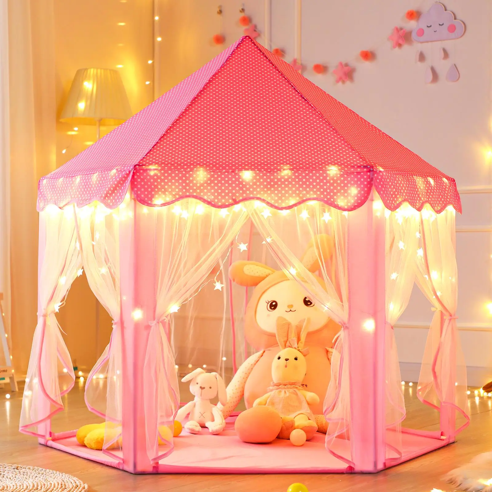 JungleDove Princess Castle Play Tent for Girls (4-6 Years) - Pink Polka Dot Pop-Up Hexagonal Tent, Breathable Mesh Fabric, Indoor Bedroom, Outdoor Reading & Sleepover Birthday Gift, Girl, Party