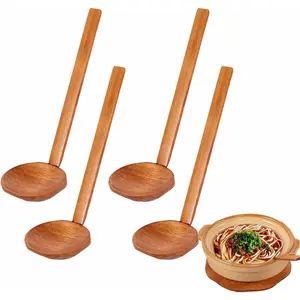 4 PCS Wooden Long Handle Japanese Ramen Soup Spoons, Tortoise Pot Spoon for Porridge Mixing Stirring Cooking, Suitable for Restaurant and Household Use