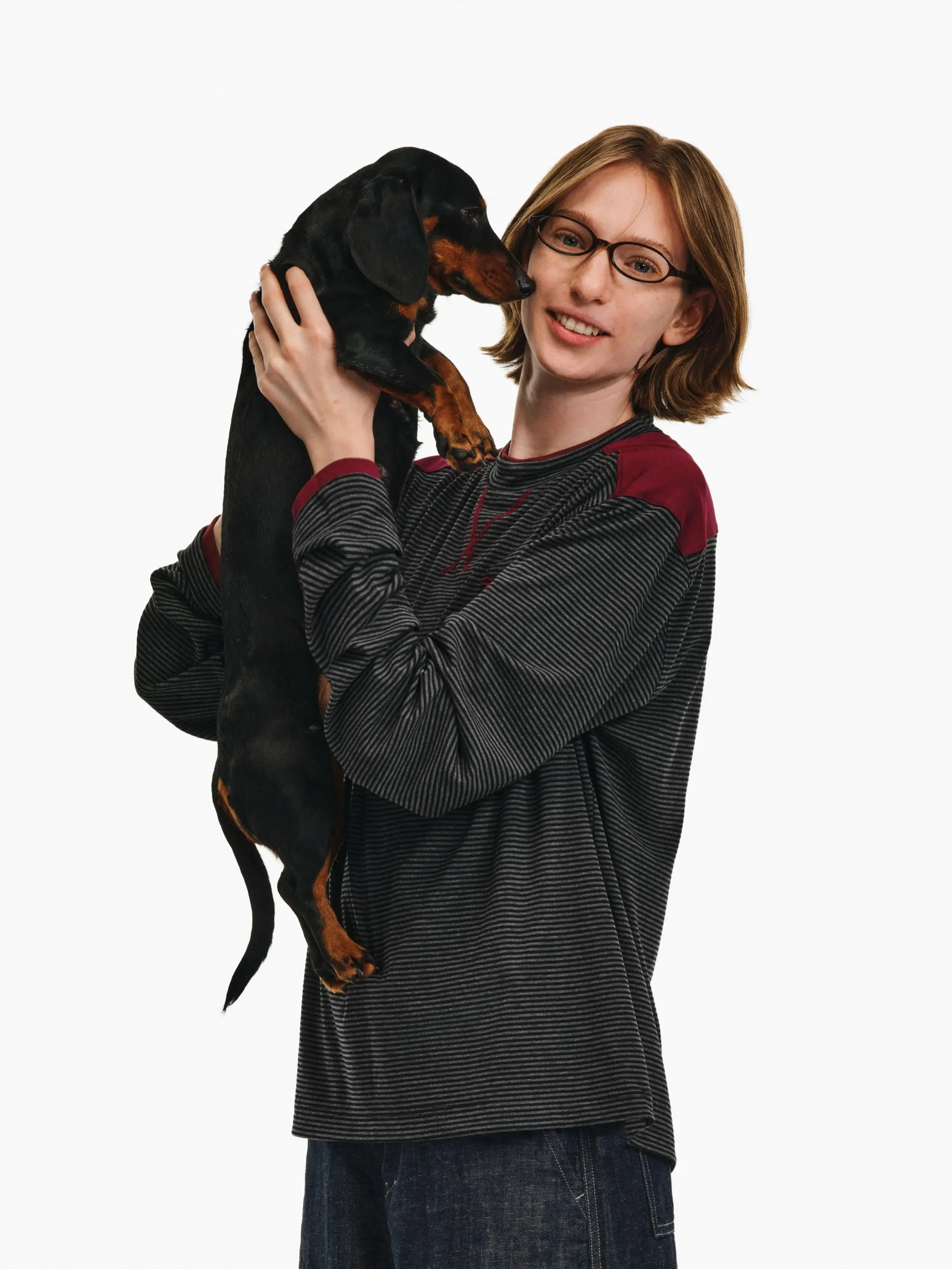 PCLP Unisex Retro Striped Long Sleeve Tee, Faux Layered Crew Neck Top with Dog Embroidery, Smooth Knit Fabric for Everyday Wear, Cargo