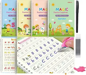 4 Pcs Reusable Grooved Letter Tracing Preschool Kids Handwriting Books, Magic Ink writing practice books handwriting tracing copybook