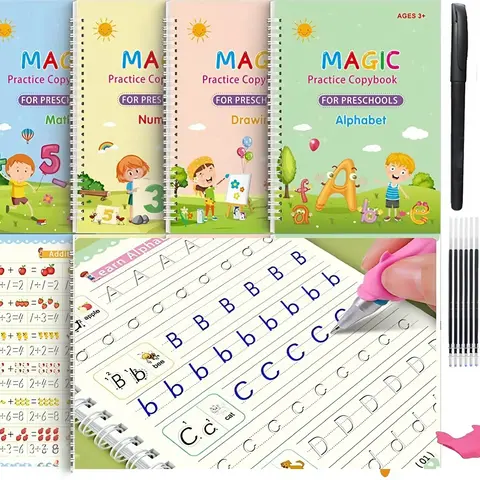 4 Pcs Grooved Toddler Writing Practice Set - 3-8 Years Alphabet Handwriting Aid, Magic Ink Preschool Copybook with 1 Pencil Grip, Cardboard+Plastic School Supplies, Back-to-School/Birthday Cute Illustrations Educational Stationery, Reusable