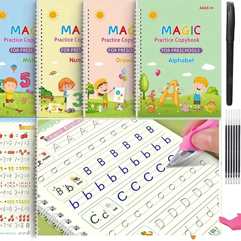4 Pcs Grooved Toddler Writing Practice Set - 3-8 Years Alphabet Handwriting Aid, Magic Ink Preschool Copybook with 1 Pencil Grip, Cardboard+Plastic School Supplies, Back-to-School/Birthday Cute Illustrations Educational Stationery, Reusable