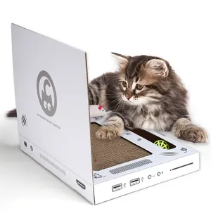 Laptop Shaped Cat Scratcher, 3-in-1 Interactive Cardboard Toy with Mouse Jingle Ball and Stickers, Cat Scratching Pad for Kittens bed