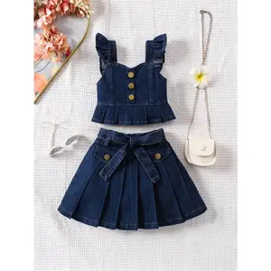Cross-Border Girls' Faux Denim Outfit with a Pleated Skirt, a Casual Set Featuring a Multi-Button Faux Denim Skirt And a Belt for Outings, for Outdoor