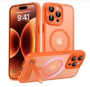 iPhone 15 Pro Max Case, [Built-in Kickstand][Full Camera Protection][Compatible with MagSafe][Anti-Fingerprint] Shockproof Phone Case for iPhone 15 Pro Max 6.7",Orange