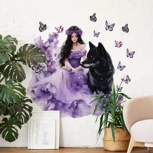 A set (30*60cm*2pcs) of "Purple Skirt and Black Wolf" 2D flat wall stickers, home decoration self-adhesive wall stickers, Decorative Sticker, Wall Art Stickers, M16637-KX