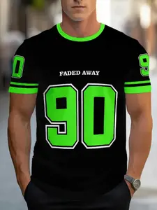 Men's Round Neck Short Sleeve Digital 90 Print T-Shirt, Casual Long Top, Slim-Fitting, All over Print, No Button or Zipper
