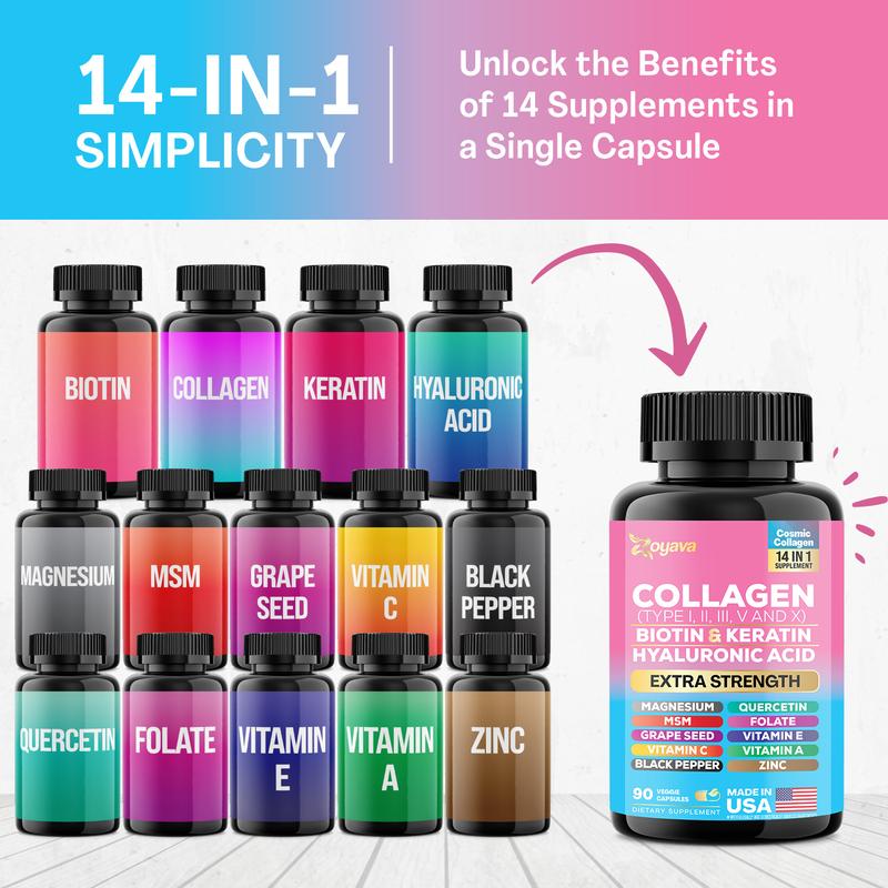 Zoyava Collagen Supplement - Type I, II, III, V and X - with Biotin, Keratin, Hyaluronic Acid & 13+ Extra Strength Ingredients for Beauty, Fitness, & Healthcare - 90 Capsules - MADE IN USA