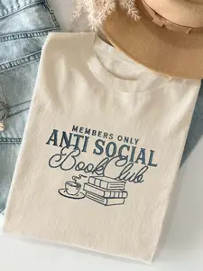 Women's Anti Social Book Club T-shirt, Casual Vintage Book Lovers T-shirt, Bookish Shirt, Book Lovers Gift, Book Club Shirt, Bookish Shirt, Round Neck Top
