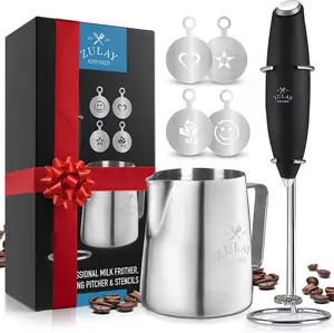 Zulay Kitchen Milk Boss Frother Set - Includes 12oz Stainless Steel Frothing Cup & 4 Coffee Stencils - Perfect for Coffee