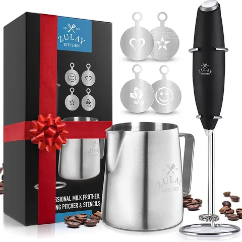 Zulay Kitchen Milk Boss Frother Set - Includes 12oz Stainless Steel Frothing Cup & 4 Coffee Stencils - Perfect for Coffee