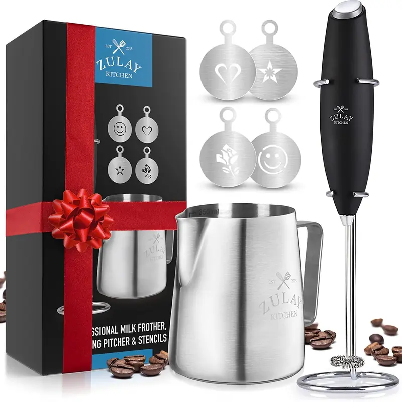 Zulay Kitchen Milk Boss Frother Set - Includes 12oz Stainless Steel Frothing Cup & 4 Coffee Stencils - Perfect for Coffee