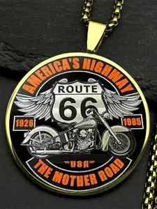 Classic Route 66 Rider Necklace - Zinc Alloy Frame with Clear Glass, Winged Route 66 Motorcycle Pendant, American Road Trip Accessory.
