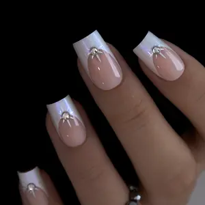 CurvLife Crystal Halo Press-On Nails – 30PCS Square French Tips with Iridescent White Shine and Pearl Rhinestone Accents, Glossy & Elegant, Reusable and Non-Toxic, Perfect for Bridal, Party, or Daily Classy Look