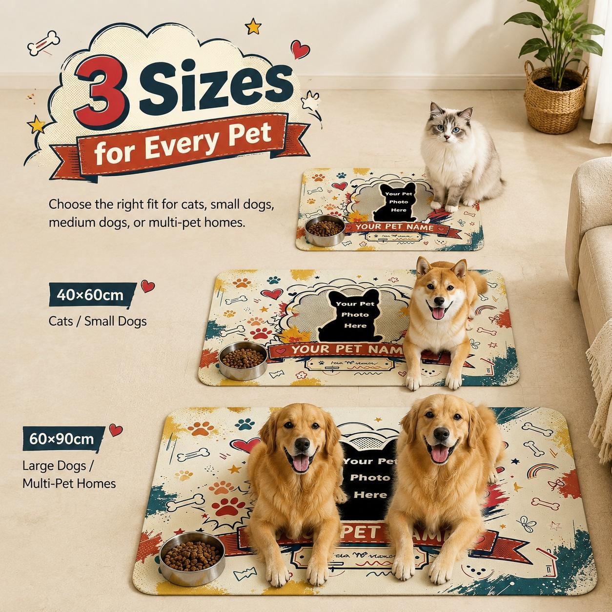 Personalized Custom Pet Feeding Mat with Photo & Name - Send Pet Picture & Name via Message, Absorbent, Non-Slip Rubber Back, Quick Dry Diatomite Mat for Dog & Cat Food Water Bowls, Floor Protection, 3 Sizes, Raised -- bowl platter slobber small feeder