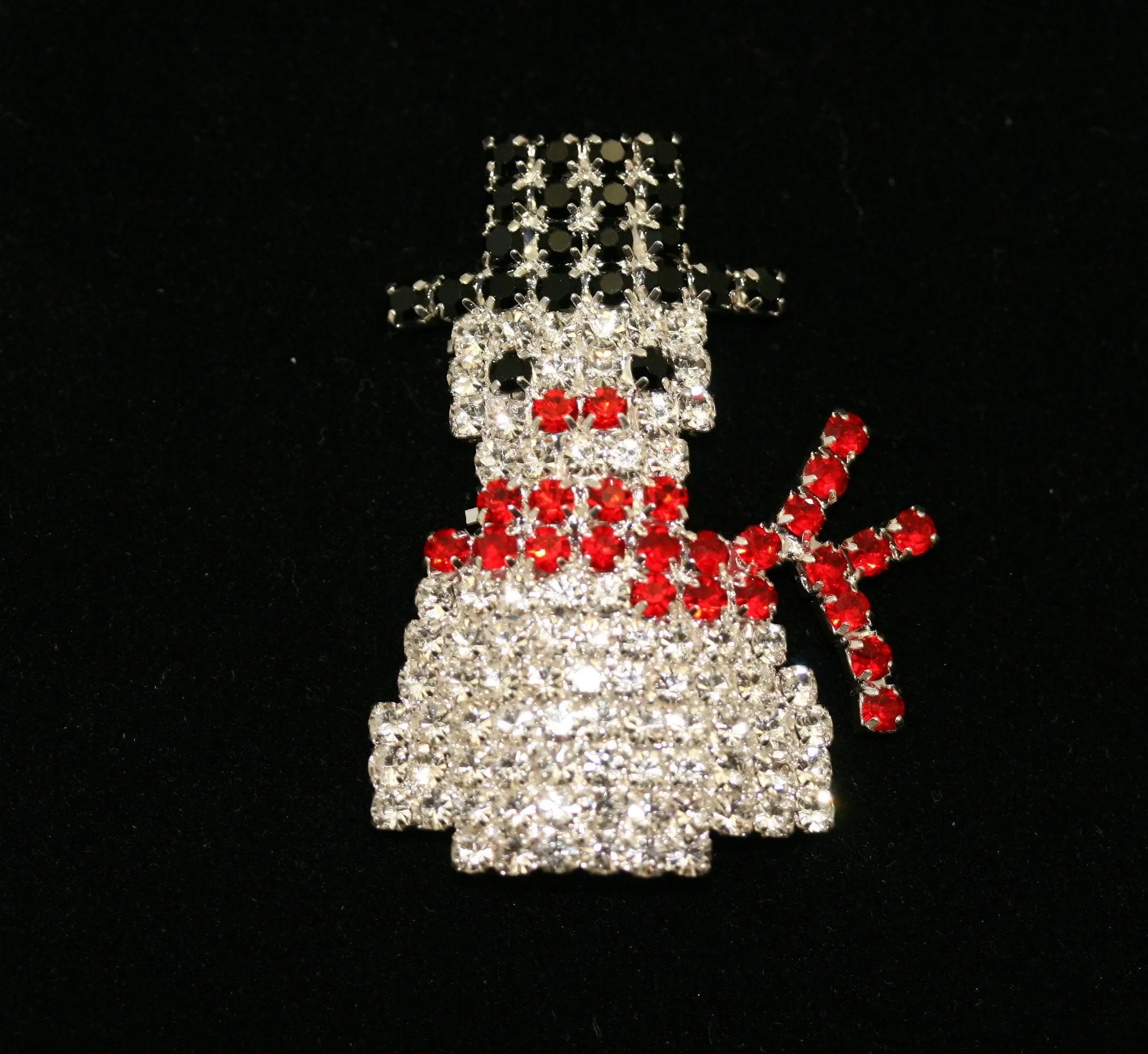 Glamorous Snowman Brooch Pin, Unisex Christmas Jewelry with Silver-tone Metal Coating, Sparkle-heavy Figure with Prong-Set Crystal Stones, 1.75"H X 1.25"W, Fashion