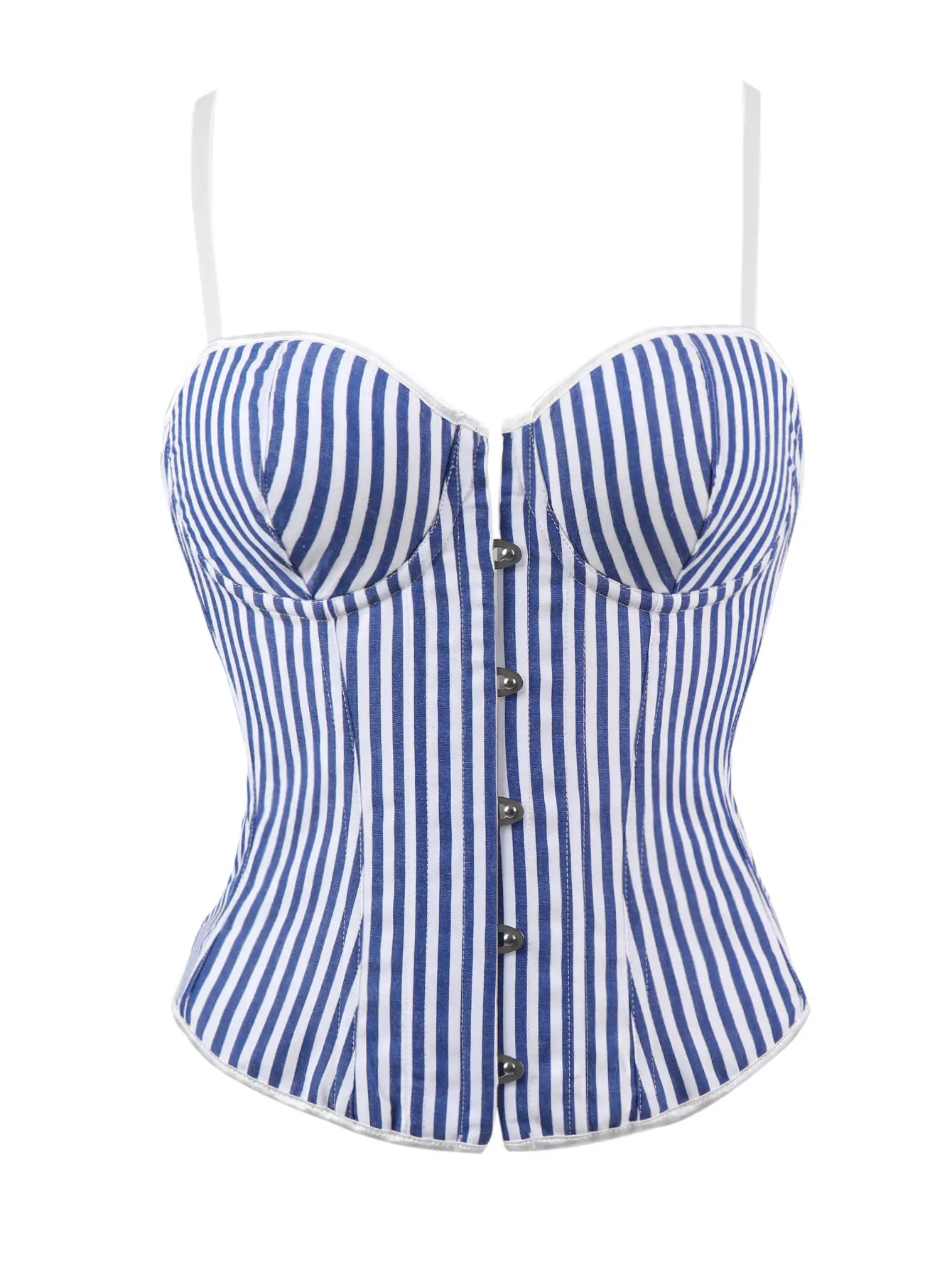 Women's Blue White Stripe Spaghetti Strap Corset Shapewear Top - Front Hook Bustier, Lace-Up Back Waist Shaper, Vintage Hourglass Outerwear for Womenswear