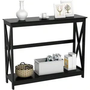 Black 2-Tier Console Table, X-Design Entryway Accent Table with Storage Shelf