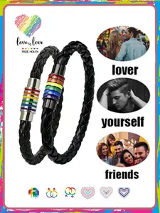 Titanium Stainless Steel Rainbow Lgbt Pride Bracelet, Handwoven Lgbtq Pride Band, PU Leather Woven Jewelry Accessory