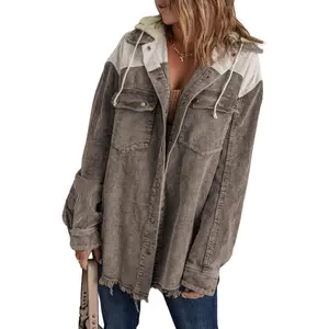 Womens 2025 Fall Corduroy Shacket Jacket Long Sleeve Button Down Color Block Hooded Coat with Pockets