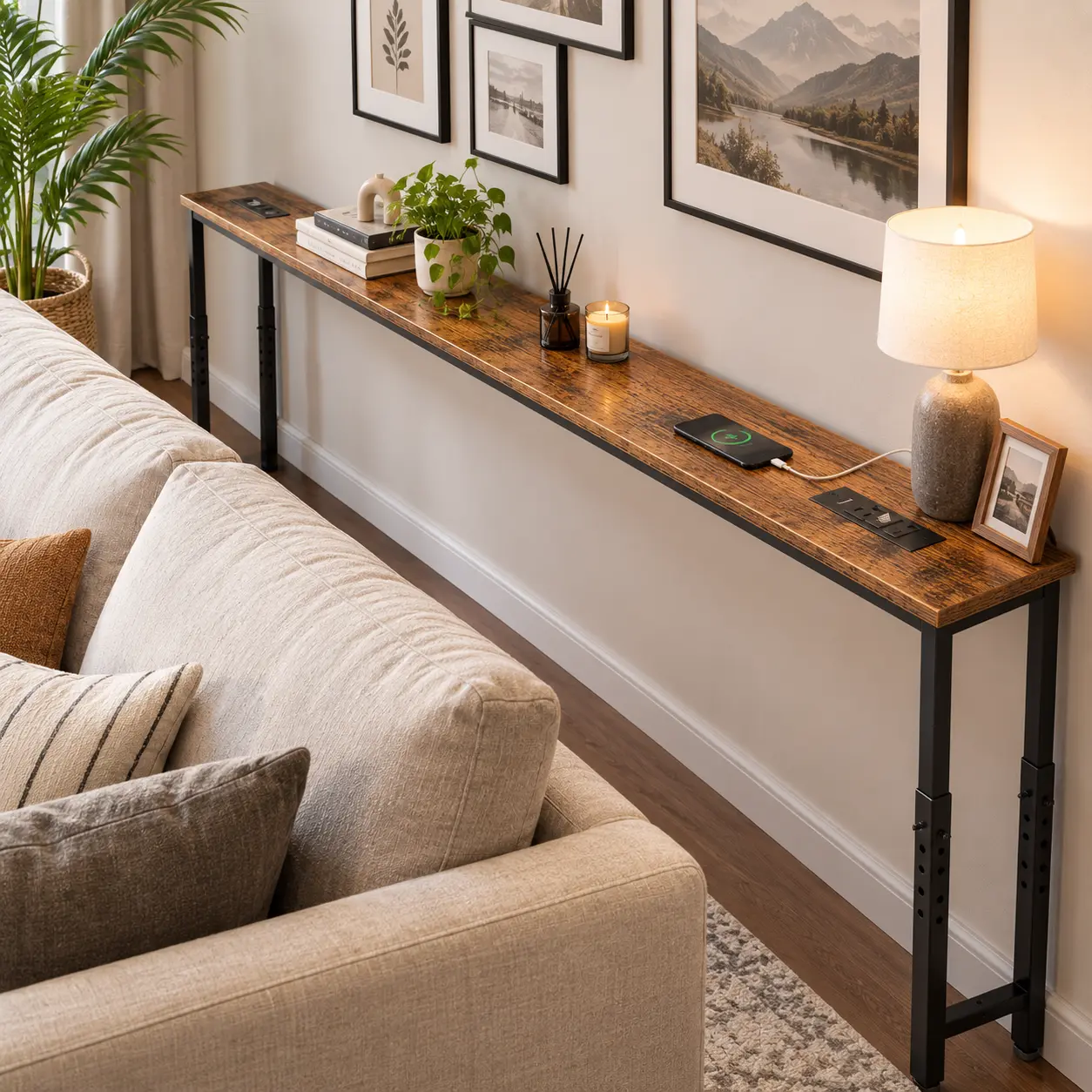 Narrow Console Table - Adjustable Height Modern Entryway Skinny Behind Couch Table with 2 Power Outlets, USB Ports, Anti-Tip Stability- Living Room Decor, Household Items Decor, Hallway or Behind Sofa Room Accent