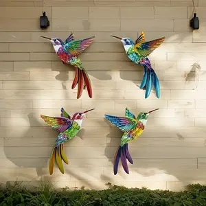 4 Piece Iron Hummingbird Wall Art Decor, Vibrant Colorful Metal Garden Hanging Ornaments Outdoor Courtyard Decoration