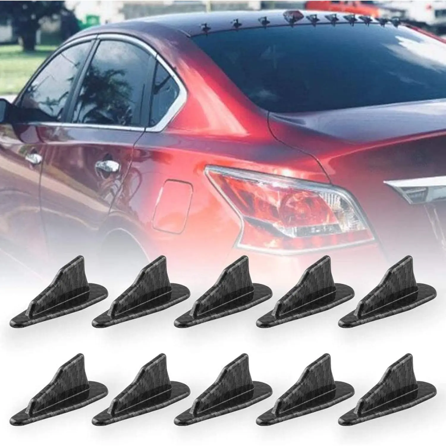 10pcs/Set Diffuser Shark Fin Kit Compatible with Spoiler Roof Wing Air Vortex Generator Carbon Fiber Pattern