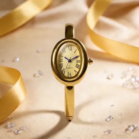 [Mother's Day Gift] Women's Dainty Diamond Wrist Watch - 32g Metal Alloy Analog Cuff Watch, 30m Waterproof, 21mm Elegant Oval Dial, Lightweight Clasp Closure, Luxury Gold-Tone Quartz Bracelet, Retro Fashion Birthday Gift For Her