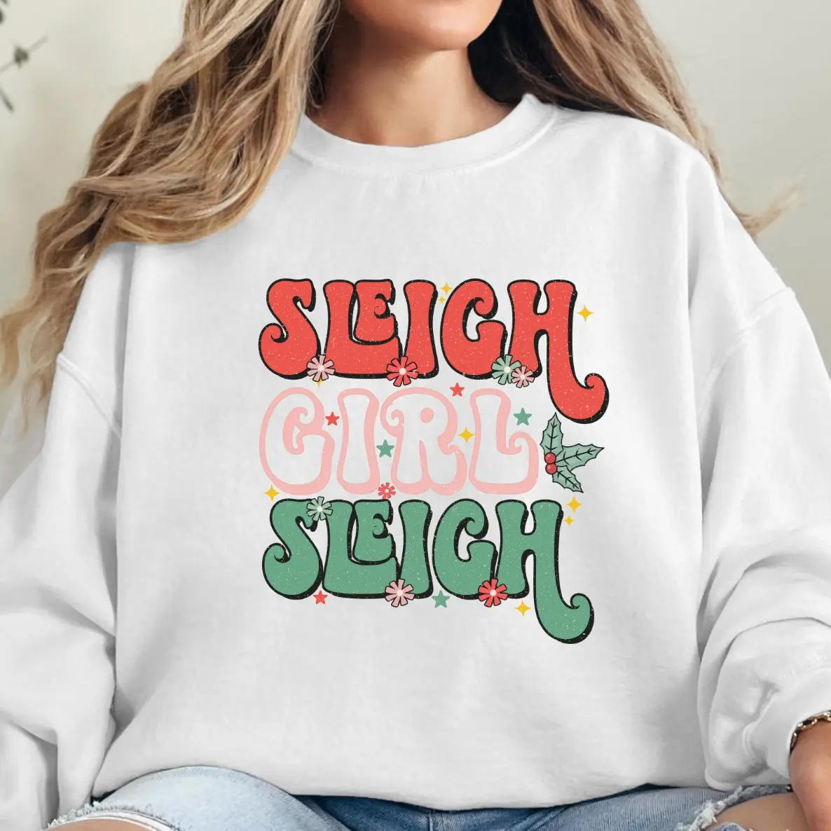 Sleigh Girl Sleigh  T-Shirt and Sweater for women, cute, stylish and comfortable Pullover Womenswear Hoodie Sweatshirts Tops Lady Comfort Crewneck Round Neck Casual Long Sleeve Day