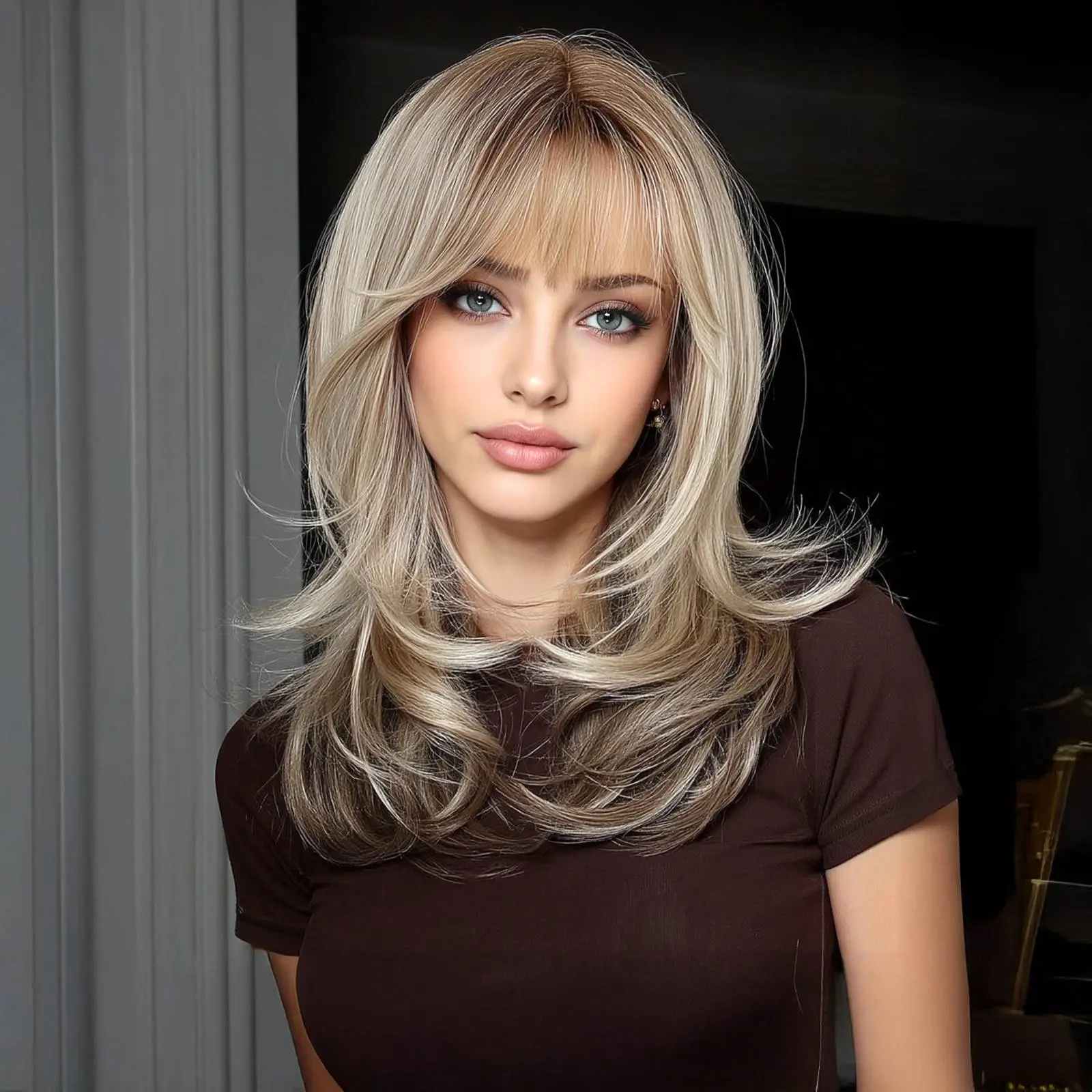 Women's Glueless Synthetic Full Machine Wig - Air Bangs, Layered Medium Length, Linen Golden Brown Highlights, Natural Fluffy Style