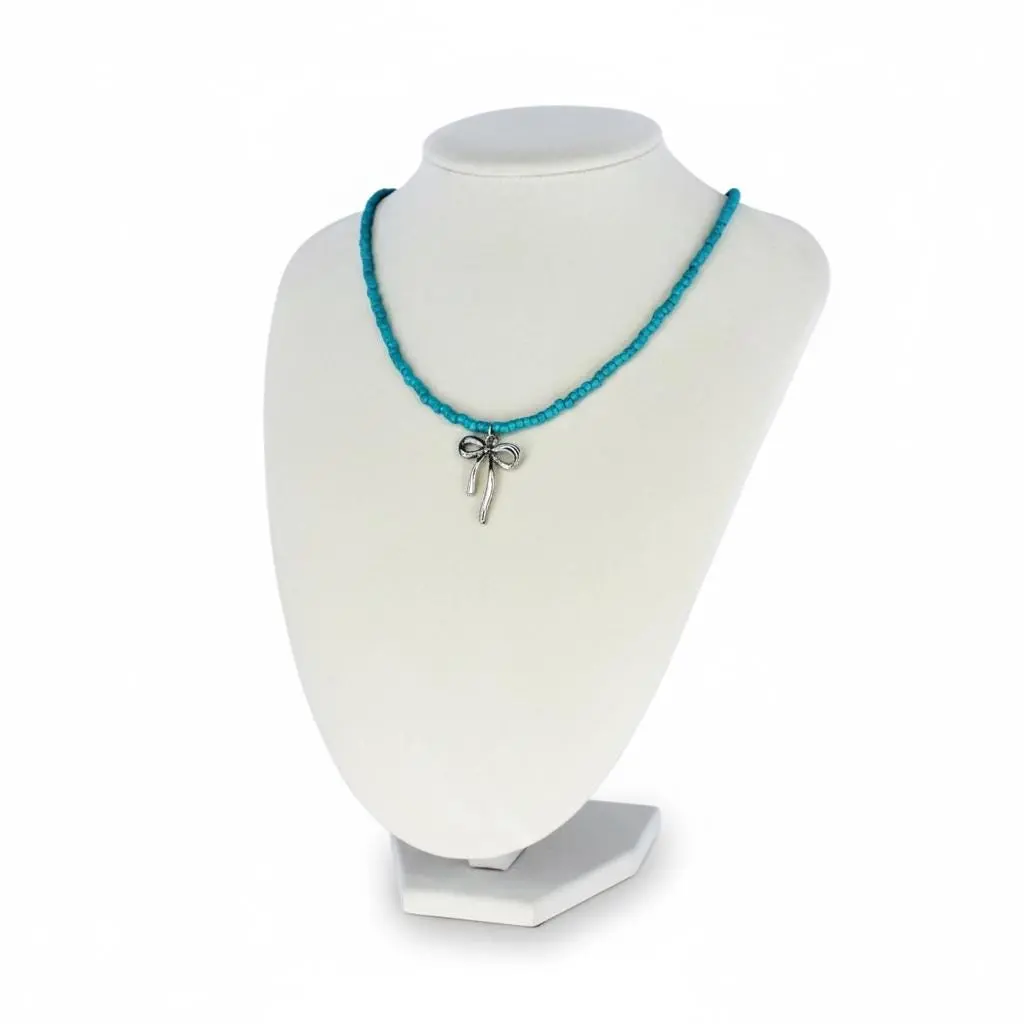 Bow Charm Necklace – Pink or Teal Beaded Choker, Lightweight, Lobster Clasp