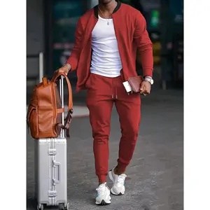 Men's Sports Suit Set, Sportswear, Pure Color, Casual Style, Athleisure Street Fit, Long Sleeve Jacket with Zipper, Pants with Pockets, Sports ClothesGift