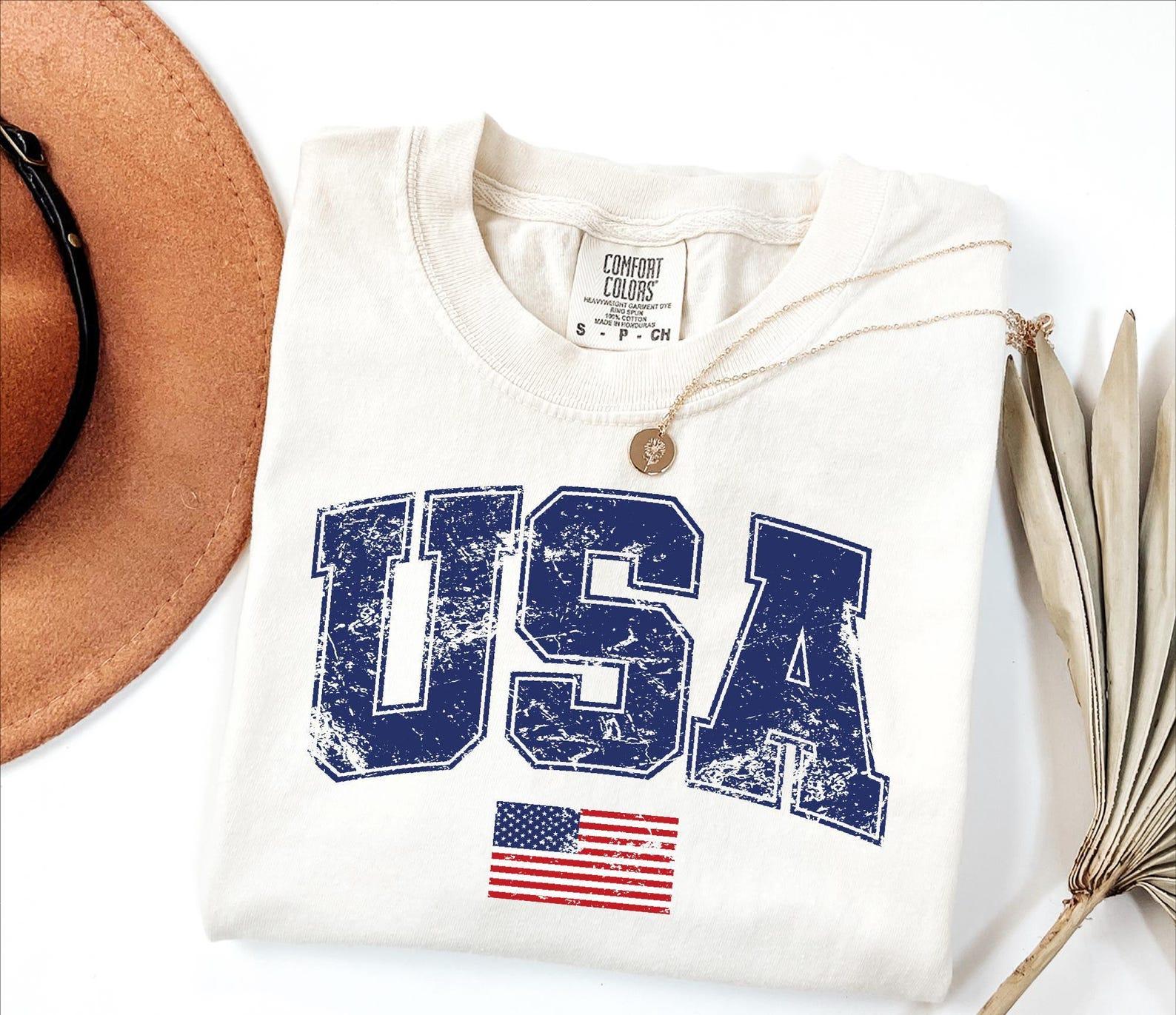 Women’s Vintage Casual Cotton Ribbed Crew Neck Short Sleeve Graphic Print T-Shirt – USA Flag Patriotic Retro Stars Stripes Independence Design, Fashion Holiday Short Sleeve Tops Unisex All-Season Comfort Top