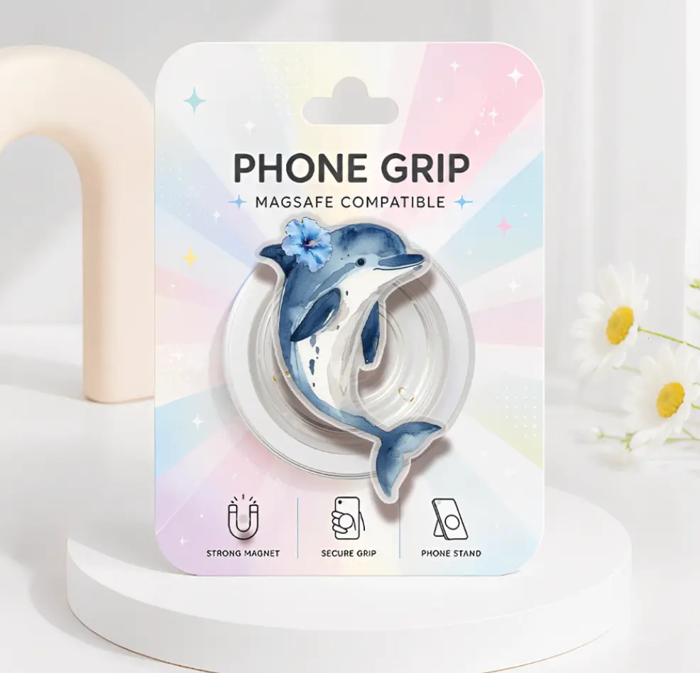 Hibiscus Dolphin MagSafe Phone Grip, Whimsical Sea Animals Kindle Holder, Cute Ocean Animal Phone Accessory, Cute Flower Dolphin Acrylic Pop Socket