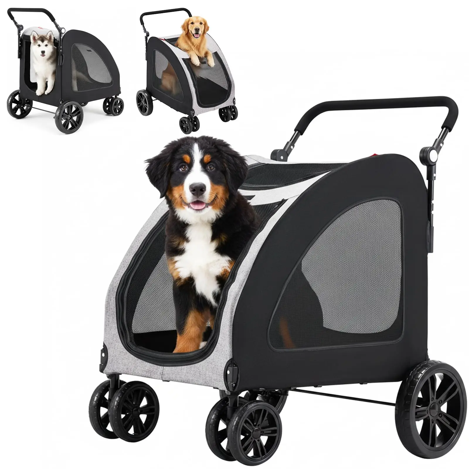 77lbs Capacity Large Dog Stroller, Foldable Heavy-Duty Pet Pram with 12" Shock Absorbing All-Terrain Wheels, Waterproof 600D Grey Linen