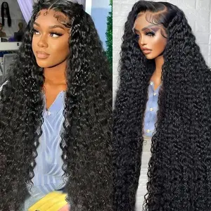 13x6 Deep Wave Lace Front Wigs Human Hair HD Full Lace Frontal Wigs Pre Plucked Bleached Knots 180% Density Deep Curly Human Hair Wig Natural Color