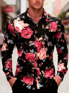 Men's Long Sleeve Casual Party Shirt Rose Flower Print Fashion Soft Comfortable, Valentine's Day Birthday Gift, Candlelight Dinner Men's Shirt