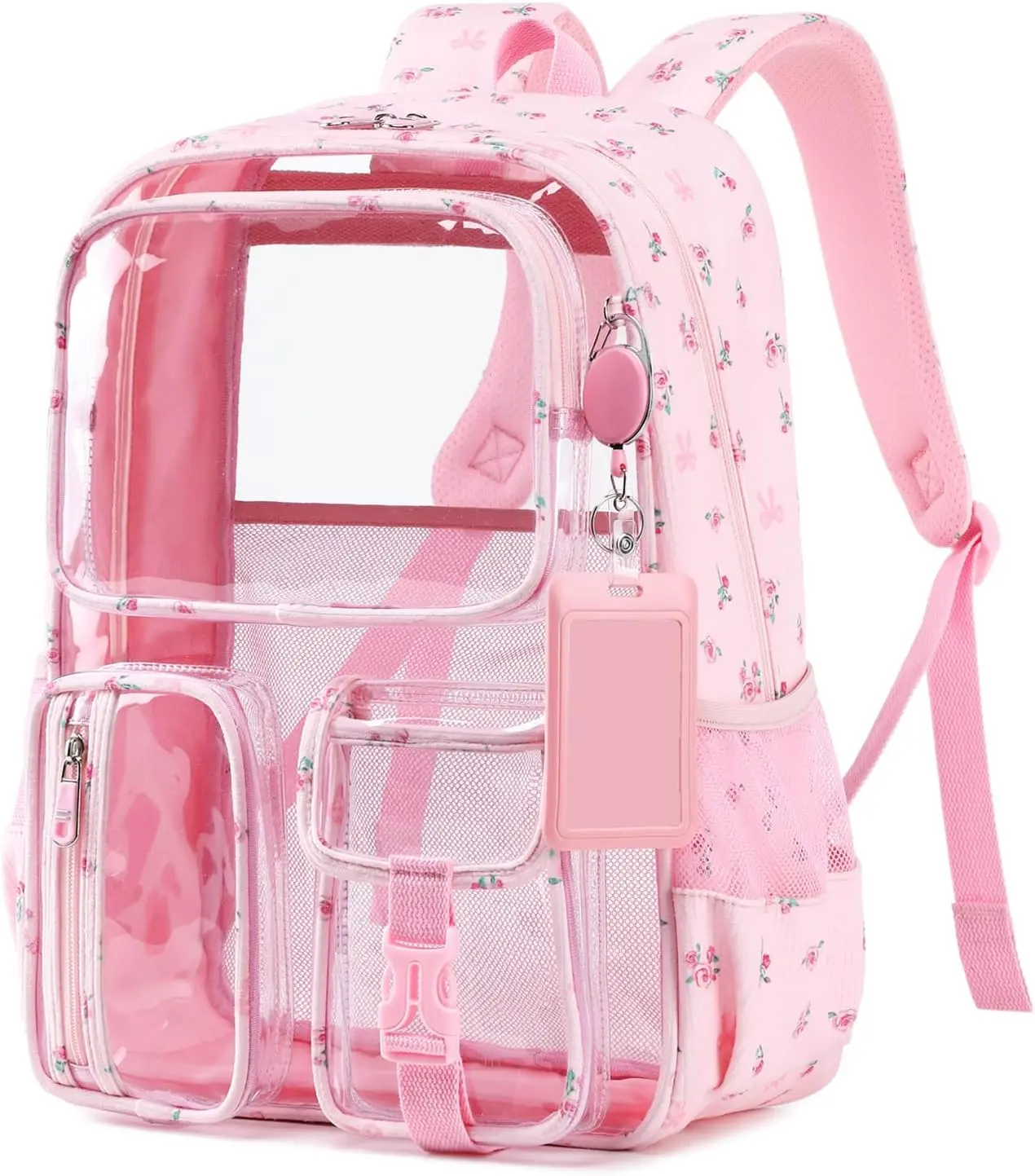 Clear Backpack for School, Corduroy Heavy Duty Clear Bookbag for Girls Transparent Backpack with Badge Holder, Pink Flower