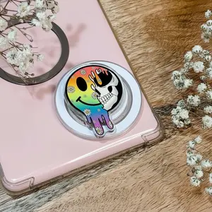 Trippy Melting Smiley Skull Phone Grip Clear Acrylic Griptok - Aesthetic Rainbow Grunge Cell Phone Stand Holder, Cute Spooky Floral Skeleton Kindle Ereader Ring Accessory, Trendy Gift for Booktok and Alt Fashion