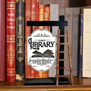 Vintage Wooden Library Sign, Elegant Shelf Design, Mini Desktop Decor, Wood Material, English Text, Home and Office, Desk Accessories