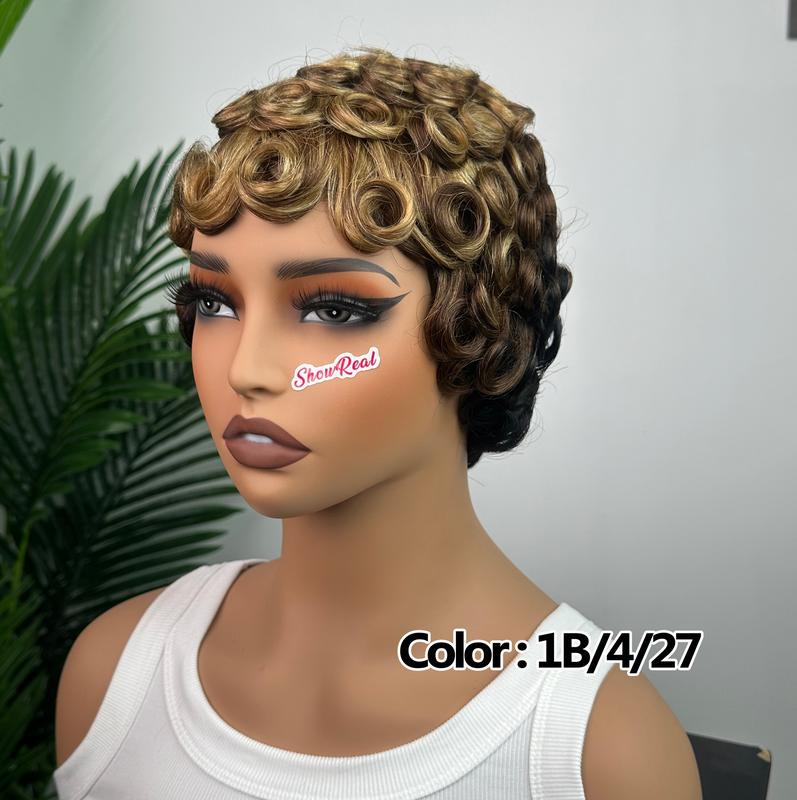 ShowRealHair Wig 025 Pixie Cut Wig for Black Women Short Bomb Curly Wigs Brazilian Virgin Human Hair Short Pixie Cut Layered Wig