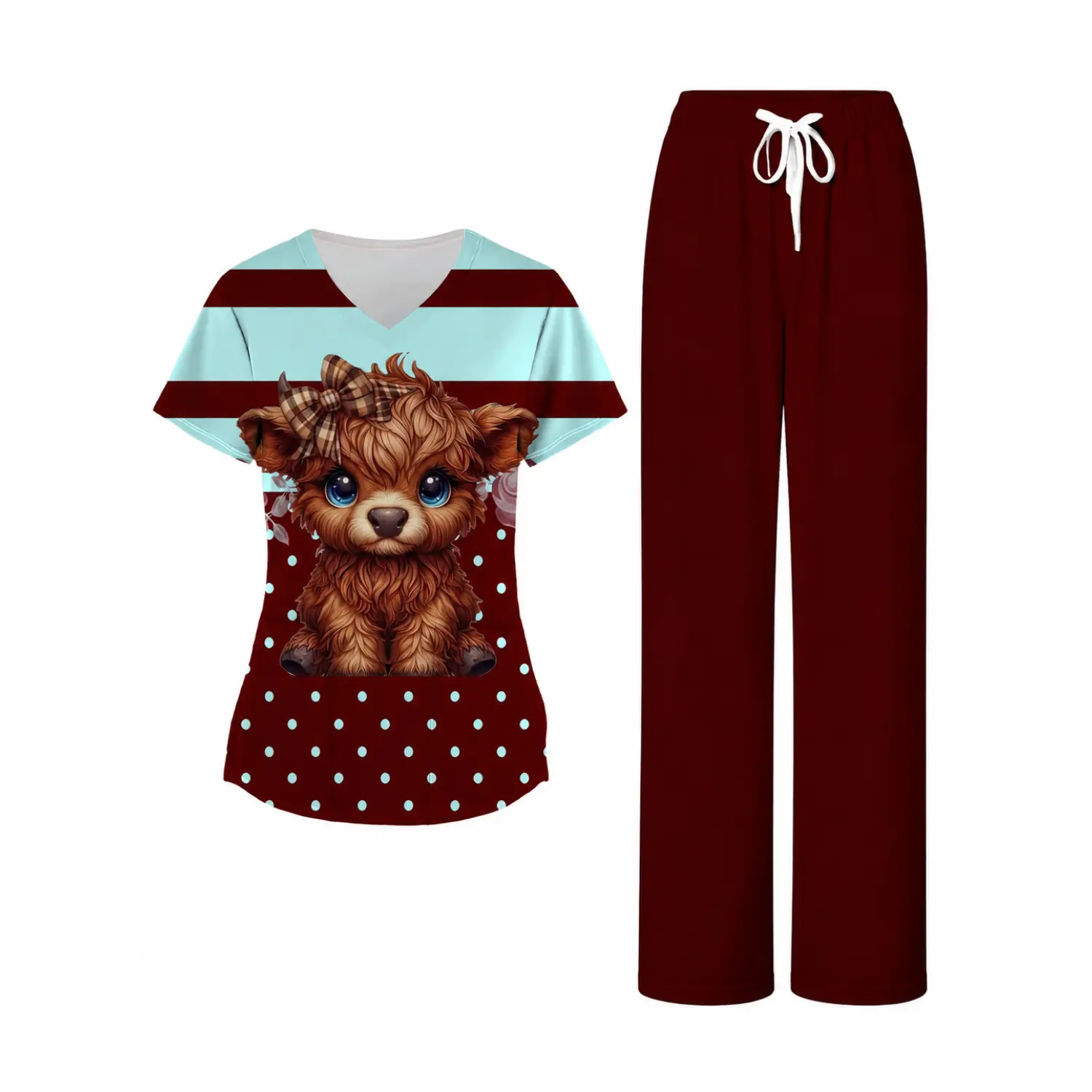 Women's Nurse Uniform Set Cute Highland Cow Print V-Neck Top with Maroon Polka Dot Striped Scrub Pants